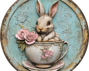 Vintage Teacup Bunny Wreath Sign: Shabby Chic Easter Rabbit, Floral Cottage Decor, Rustic Spring