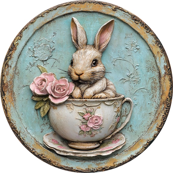 Vintage Teacup Bunny Wreath Sign: Shabby Chic Easter Rabbit, Floral Cottage Decor, Rustic Spring