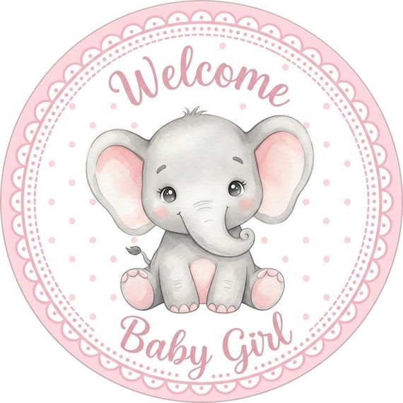 Round Baby Sign: Watercolor Elephant, Blue Polka Dots, Lace Border