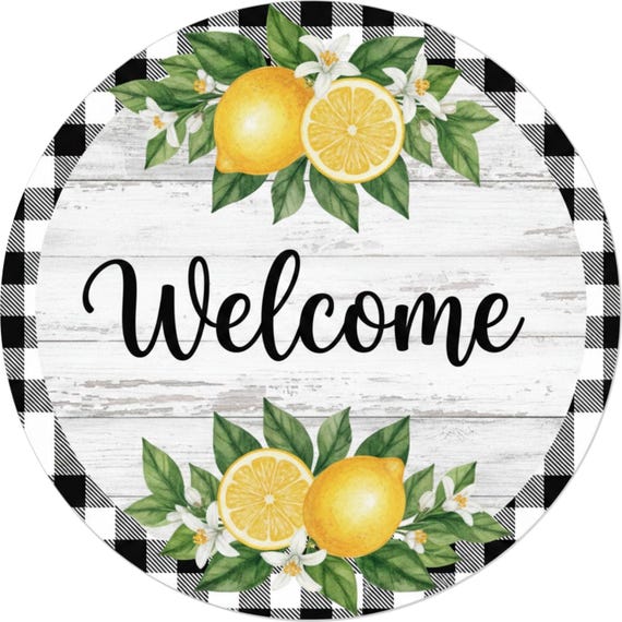 Lemon Welcome Wreath Sign: Farmhouse Lemon Door Hanger, Black Gingham Kitchen