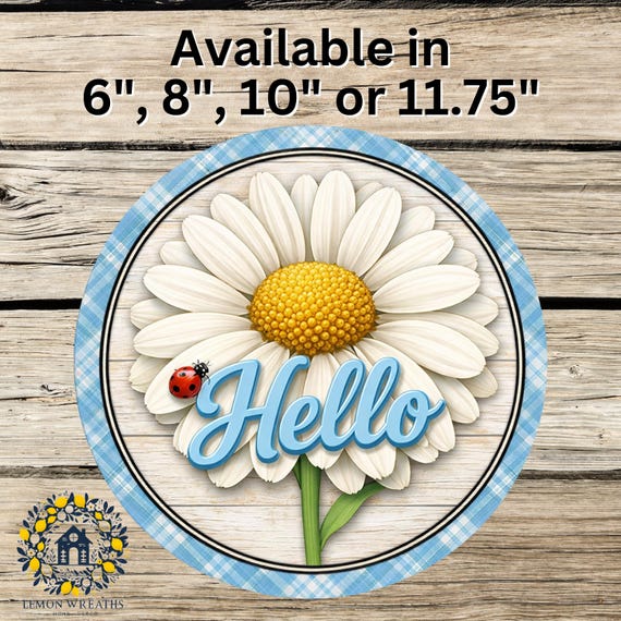 Daisy Hello Wreath Sign: Blue Gingham Door Hanger, Farmhouse Spring Decor