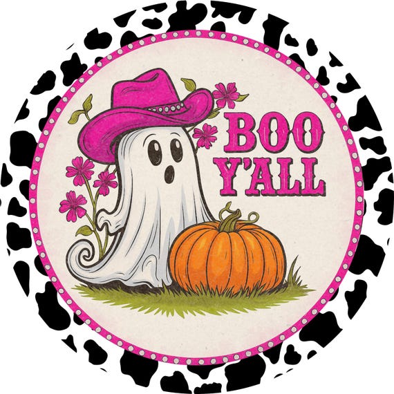 Boo Y’all Halloween Sign: Pink Cow Print Ghost Pumpkin Decor