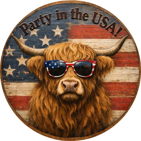 Party in the USA Cow Sign: Patriotic Highland Door Hanger, Wreath