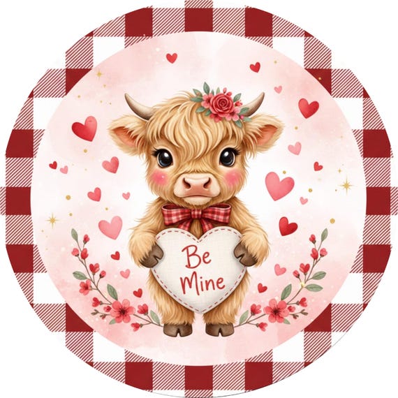 Be Mine Highland Cow Wreath Sign: Valentine Farmhouse Decor, Cute Cow Door Hanger, Buffalo Plaid Heart Sign