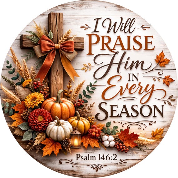 Praise Him Every Season Wreath Sign: Fall Cross Door Hanger, Pumpkin Floral Christian Decor