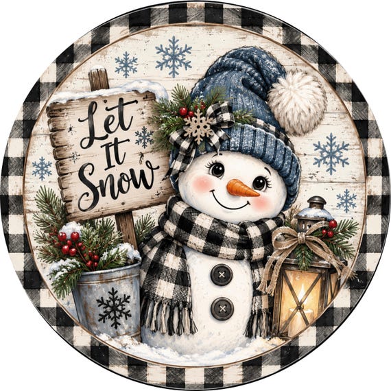 Let It Snow Wreath Sign, Snowman Winter Decor, Buffalo Plaid Wreath Attachment, Farmhouse Snowman Door Sign