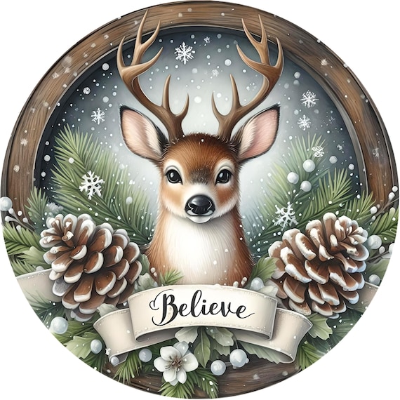 Woodland Reindeer Sign: Believe Christmas Winter Wreath Decor