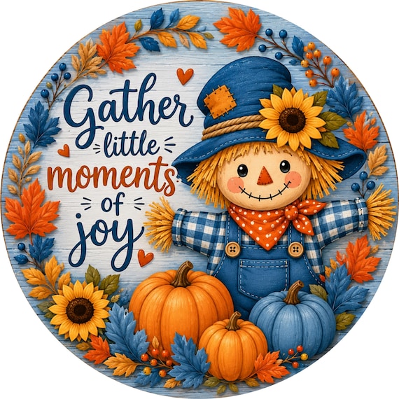 Gather Little Moments of Joy Sign: Fall Wreath Sign, Scarecrow, Pumpkin Decor