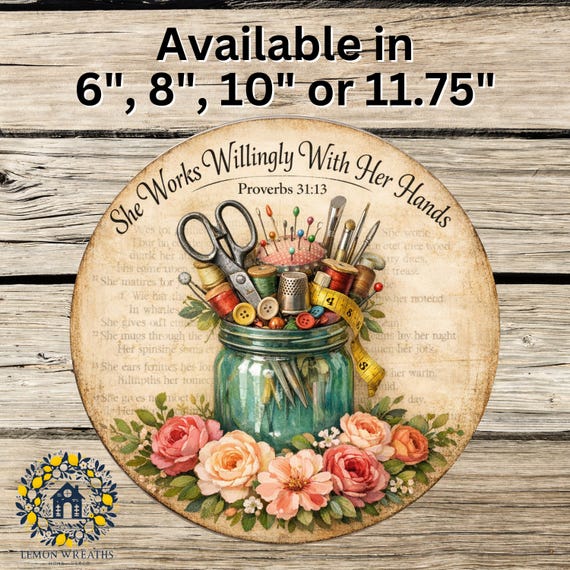 Proverbs 31 13 Sewing Sign: Christian Craft Room Door Hanger, Vintage Faith Quilting Decor