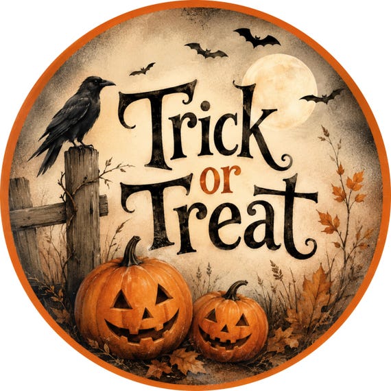 Trick Or Treat Sign, Halloween Decor, Spooky Door Hanger, Jack O Lantern, Pumpkin Sign