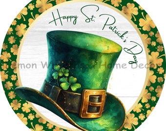 Happy St. Patrick&#39;s Day | Leprechaun Hat Wreath Sign | Shamrock Wreath Sign | Shamrock Welcome Sign | Lucky Top Hat | Lemon Wreaths Decor