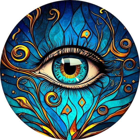 Eye See You Sign: Abstract Wreath Sign, Blue & Gold Artistic Decor