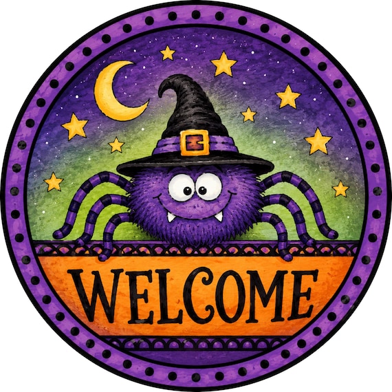 Purple Spider Welcome Sign: Cute Halloween Wreath Sign, Whimsical Decor