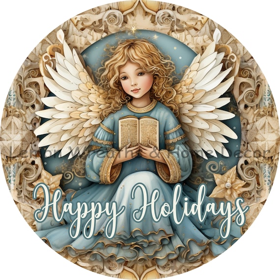 Elegant Angel Christmas Sign: Blue Gold Religious Door Hanger, Faith Decor