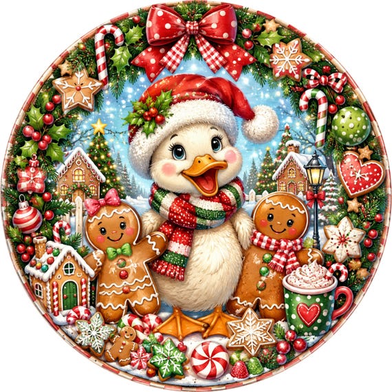 Christmas Duck Wreath Sign, Gingerbread Decor, Holiday Sign, Candy Cane Wreath Attachment