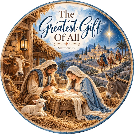 The Greatest Gift Of All Wreath Sign, Christmas sign, Round Metal Sign, Holiday decor, Christmas Decor, Sublimation Sign