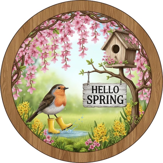 Hello Spring Wreath Sign: Robin in Rain Boots, Cherry Blossom Birdhouse Spring Garden Decor