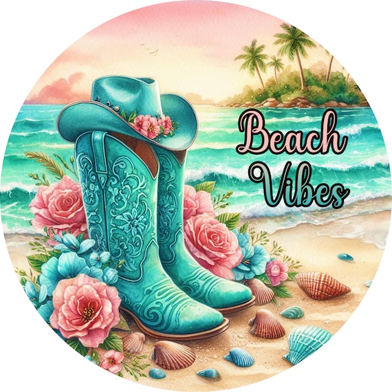 Beach Cowboy Boots Wreath Sign: Coastal Summer Decor