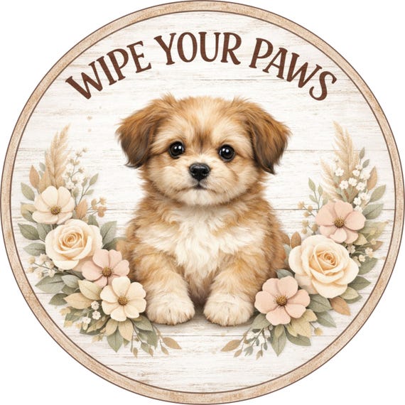 Wipe Your Paws Sign: Puppy Door Hanger, Floral Dog Wreath Decor