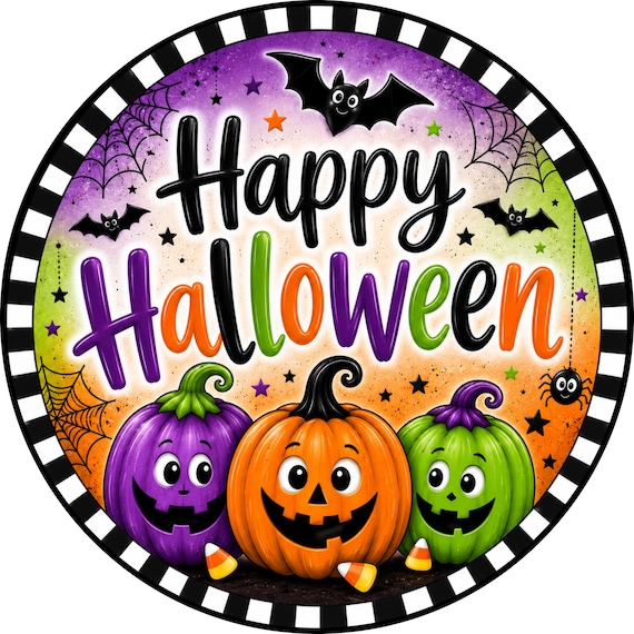 Happy Halloween Pumpkin Sign: Halloween Wreath Sign, Jack O Lantern Decor, Round Door Hanger