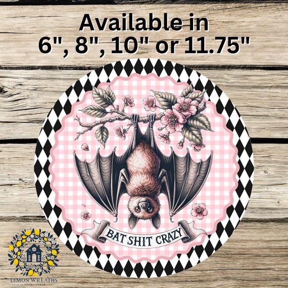Bat Crazy Sign: Funny Wreath Sign, Pink Gingham Gothic Decor