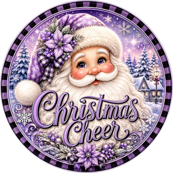 Christmas Cheer Sign: Purple Buffalo Plaid, Christmas Wreath Attachment, Purple Christmas Decor, Vintage Santa
