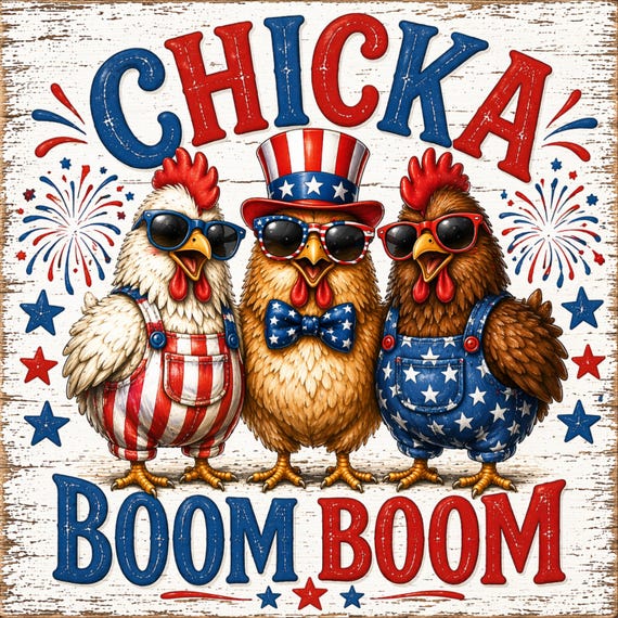 Patriotic Chicken Sign: Chicka Boom Boom Door Hanger, Farmhouse July Wreath Sign