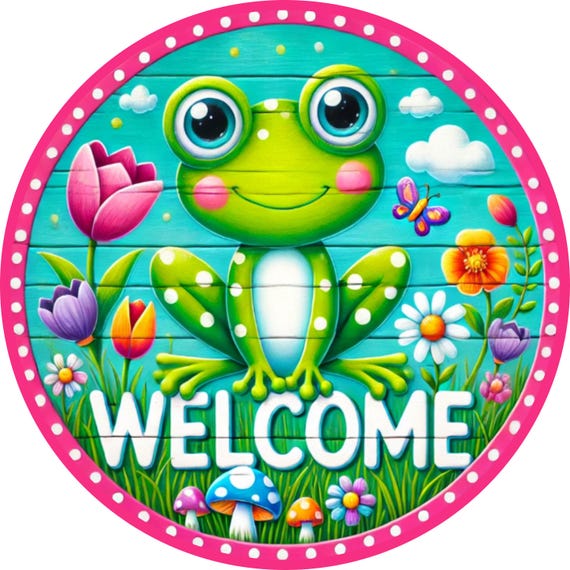 Frog Welcome Wreath Sign: Spring Door Decor