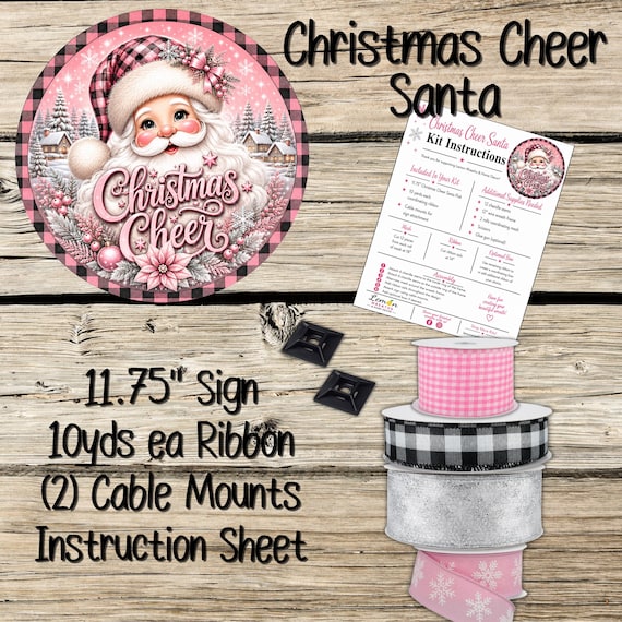 Christmas Cheer Santa Wreath Kit: Pink Santa Sign, Christmas Door Decor, Christmas Wreath
