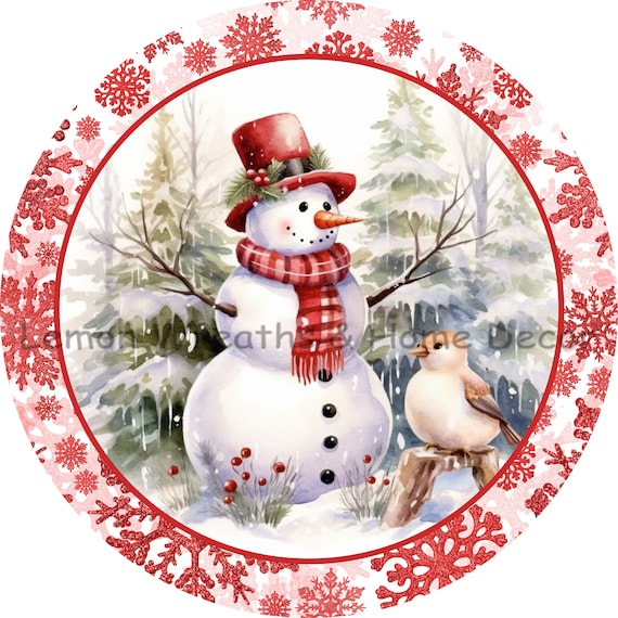 Red Snowflake Snowman Metal Sign: Winter Wreath Decor