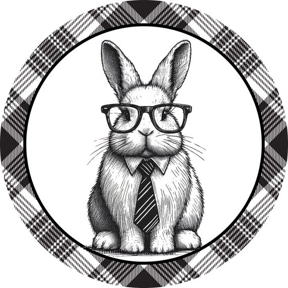 Bunny with Glasses Metal Wreath Sign: Black and White Rabbit Decor
