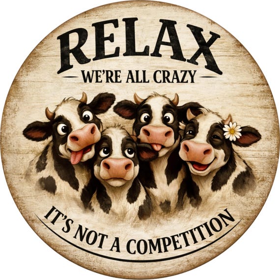 Relax We're All Crazy Cow Sign: Funny Farmhouse Door Hanger, Country Cow Decor