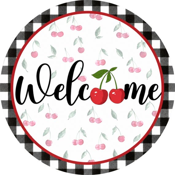 Cherry Welcome Sign: Summer Door Hanger, Buffalo Check Wreath Attachment