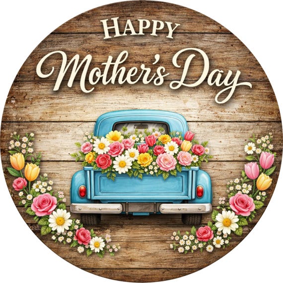 Happy Mother’s Day Sign: Vintage Blue Truck Wreath Sign, Floral Farmhouse Door Hanger