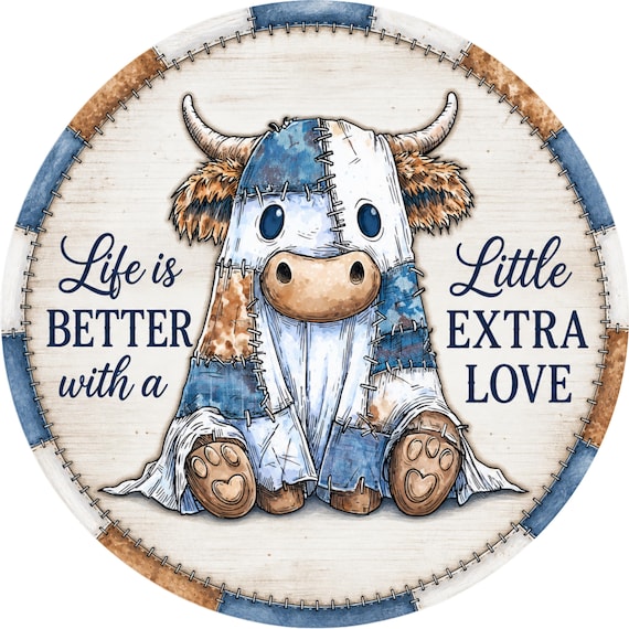 Patchwork Cow Sign: Farmhouse Highland Cow Wreath Attachment Decor