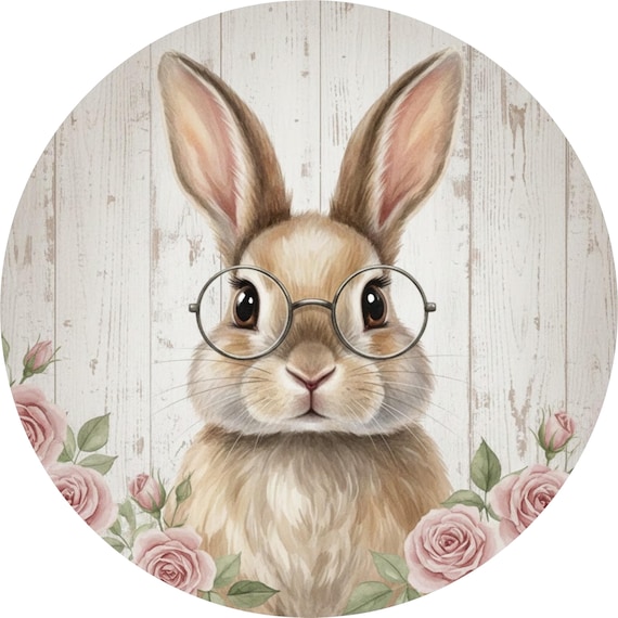 Bunny Wreath Sign: Floral Rabbit with Glasses, Farmhouse Decor
