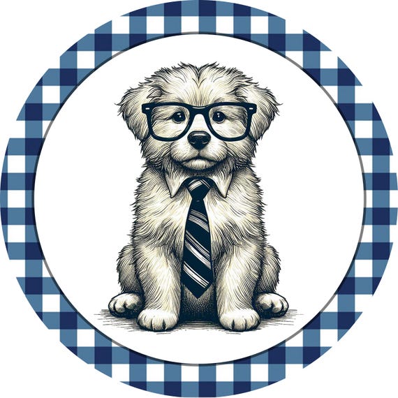 Dog Welcome Wreath Sign: Puppy With Glasses, Blue Plaid Farmhouse Wreath Attachment