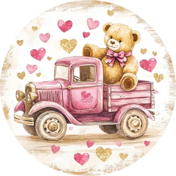 Valentine Truck Wreath Sign: Pink Truck with Teddy Bear