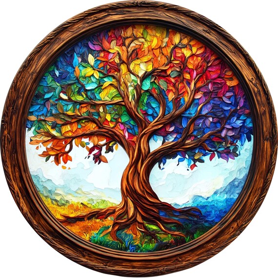 Rainbow Tree of Life Wreath Sign: Colorful Door Hanger, Rustic Wood Wreath Attachment
