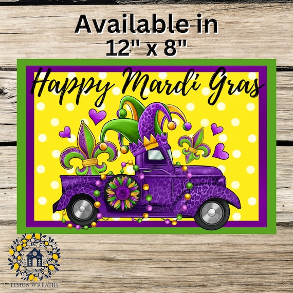 Mardi Gras Wreath Sign: Purple Truck with Jester Hat