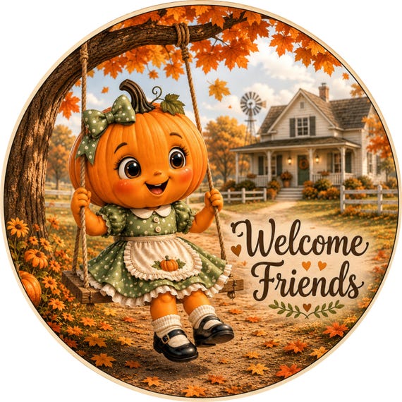 Welcome Friends Fall Sign, Pumpkin Girl Center, Autumn Farmhouse Door Decor, Cute Harvest Sign