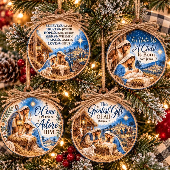 Nativity Christmas Ornament Set of 4, Wood Ornaments, Rustic Ornaments, Jesus Christmas Gift