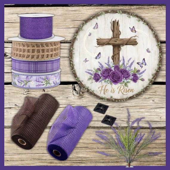 He Is Risen Wreath Kit: Rustic Cross, Lavender Florals, Butterflies, Burlap Ribbons