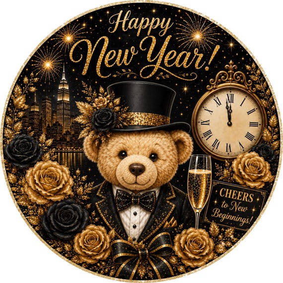 Happy New Year  Wreath Sign, New Years Decor, Teddy Bear Door Sign, Wreath Attachment