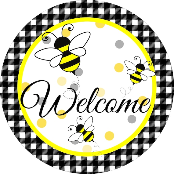 Welcome Bee Wreath Sign: Black & White Buffalo Plaid, Honey Bee Farmhouse Front Door Decor