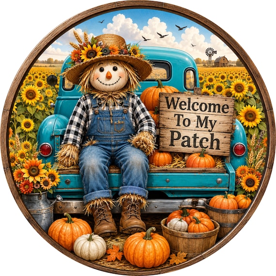 Welcome To My Patch Sign: Scarecrow Wreath Sign, Sunflower Decor, Autumn Door Hanger