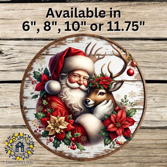 Farmhouse Santa & Reindeer Sign: Christmas Wreath Sign, Rustic Holiday Poinsettia Decor