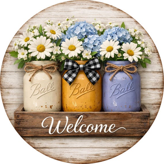 Welcome Mason Jar Sign: Farmhouse Floral Door Hanger, Rustic Home Decor