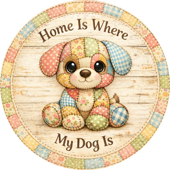Patchwork Puppy Sign: "Home Is Where My Dog Is" Door Hanger Decor