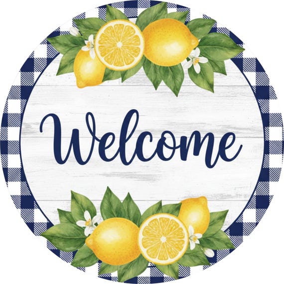 Lemon Welcome Wreath Sign: Farmhouse Lemon Door Hanger, Blue Gingham Kitchen